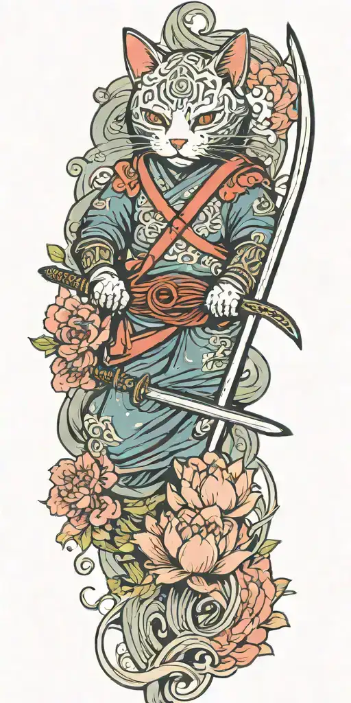ninja cat holding katana, tail, water, waves, lotus, sakura, clouds, whirlpool, leaves, peony, sun waterfall tattoo design idea