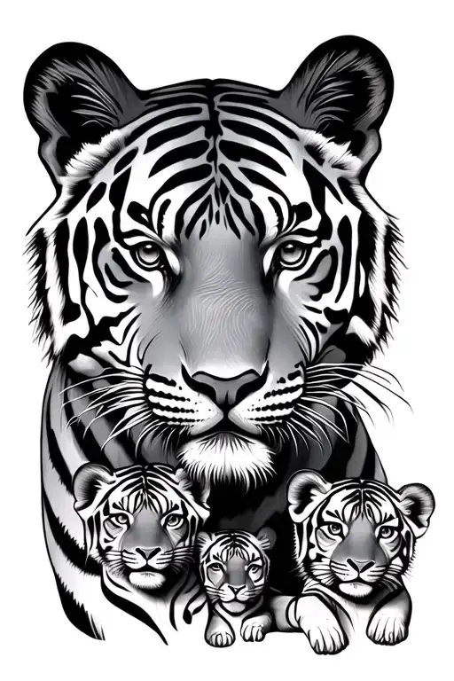 mother tiger 3 cubs face only tattoo design idea
