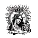 virgin Mary with crown, Roman numerals 12/22, the name Lemmon la'shae with a lioness and bayou tattoo design idea