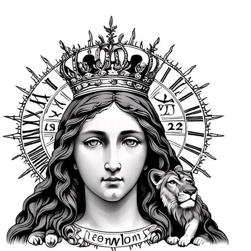 virgin Mary with crown, Roman numerals 12/22, the name Lemmon la'shae with a lioness and bayou tattoo design idea
