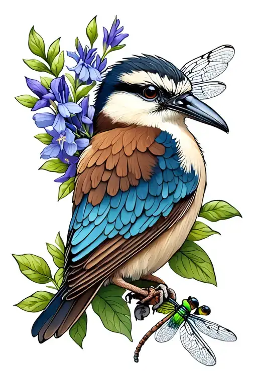 kookaburra and larkspur and dragonfly tattoo design idea