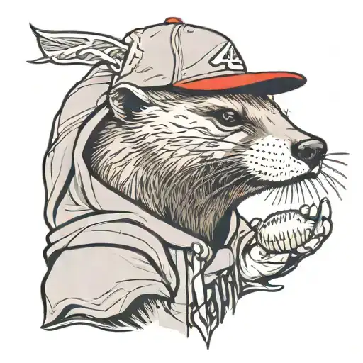 an otter wearing a plain grey hoodie and an Atlanta Braves baseball cap tattoo design idea