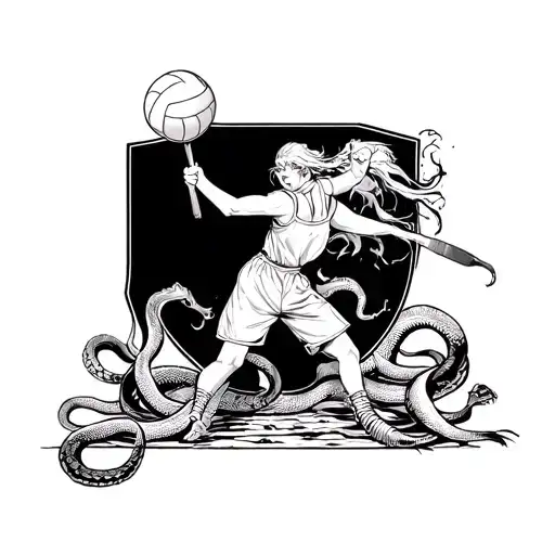 An anime-style scene of a dish washer battling mythical creatures with a volleyball as a shield, surrounded by snakes in a blackwork design tattoo design idea