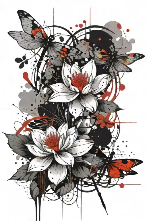abstract lotus flower and dragonfly tattoo design idea
