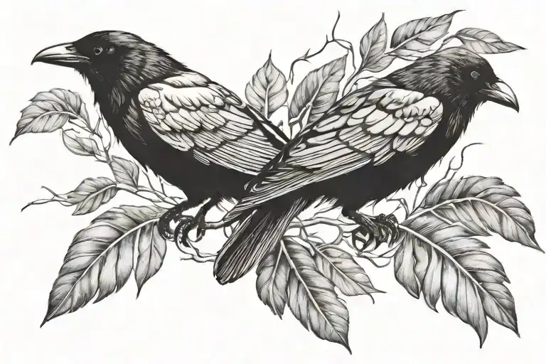 crow feathers and branches tattoo design idea