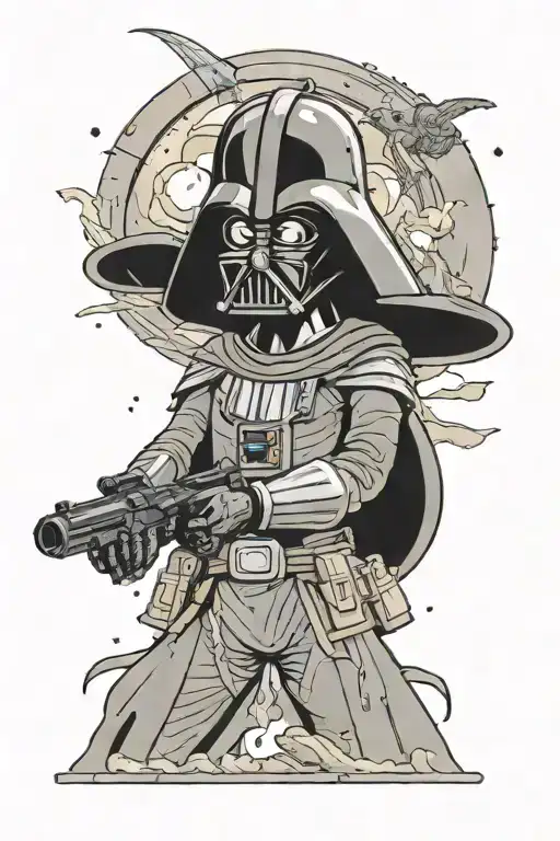 darth vador helmet overlooking a battle scene. rick and morty walk out a portal guns drawn, goku is fighting majin boo.  tattoo design idea