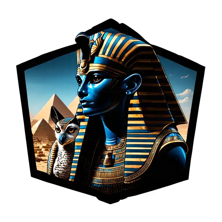 egyptian full back peice with alien head in pharoah mask overlooking pyramids with Anubis dog and Osiris owl on eith sid tattoo design idea