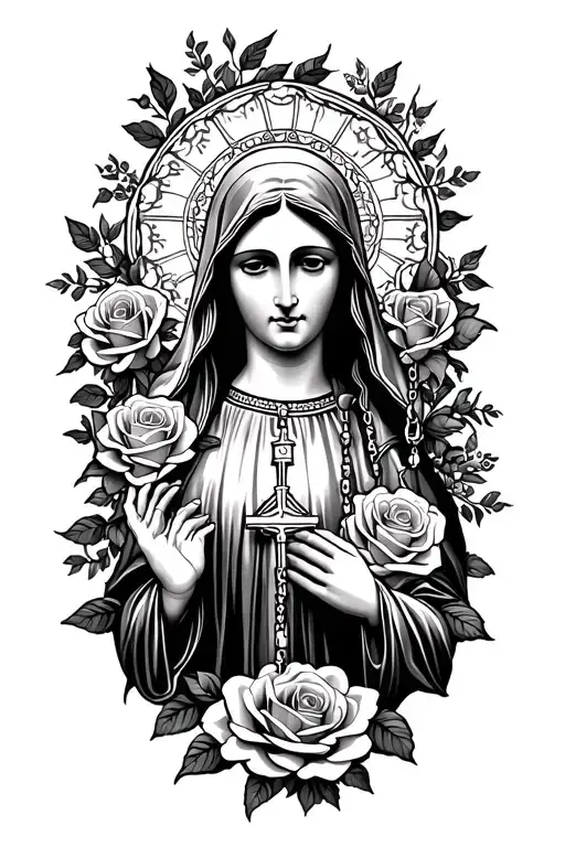 mother mary surrounded by roses with a rosary tattoo design idea