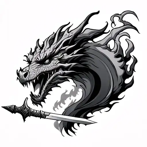 3 head dragon breathing fire holding sword tattoo design idea