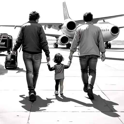 a mom and a dad walking a little girl in between them at the airport walking away from a plane tattoo design idea