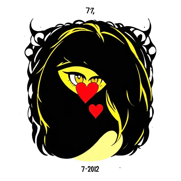 Heart eyes emoji in the traditional yellow and red colors. Within the emoji incorporate the date 7-7-2012 tattoo design idea