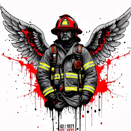 Firefighter with Angel Wings with date 02/02/1971 tattoo design idea