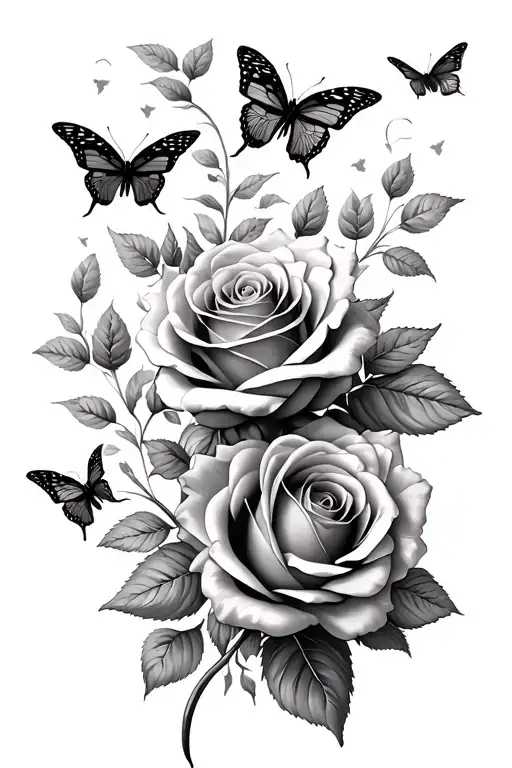 roses with butterflies flying tattoo design idea