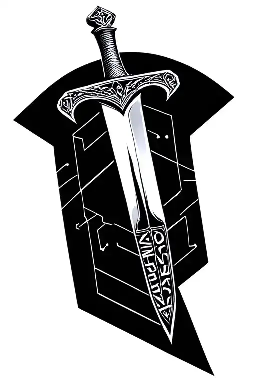 Geometric blackwork tattoo. Sword is vertical line. "GOD" on edges. One shared "E" connects "SAVE" and "EVIL". Sharp tattoo design idea