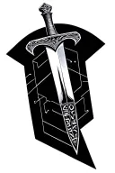 Geometric blackwork tattoo. Sword is vertical line. "GOD" on edges. One shared "E" connects "SAVE" and "EVIL". Sharp tattoo design idea