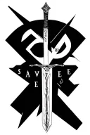 Geometric blackwork tattoo. Sword is vertical line. "GOD" on edges. One shared "E" connects "SAVE" and "EVIL". Sharp tattoo design idea