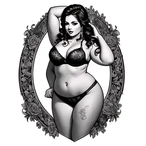 Tattoo template black and grey Sexy chubby woman pinup lingerie and tattoos tattoo design idea