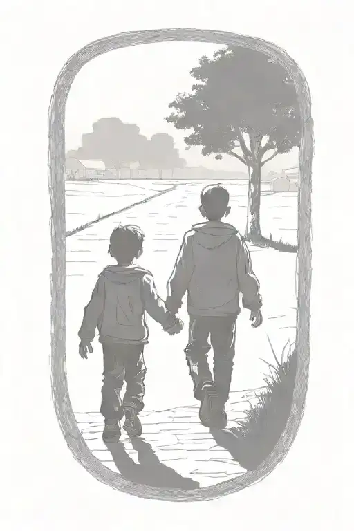 siloutte of an older brother and younger brother walking away hand in hand tattoo design idea
