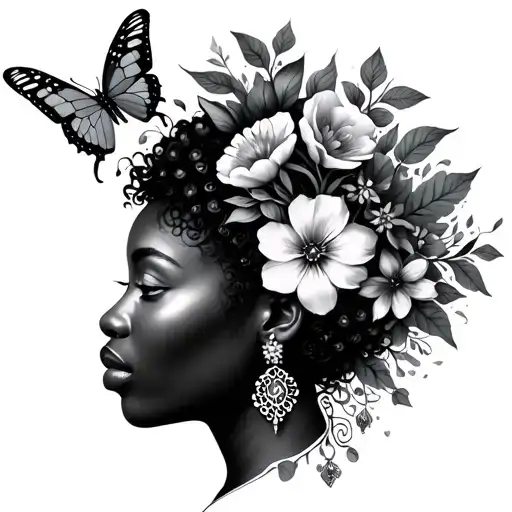 Afrocentric medice with butterflies and flowers tattoo design idea