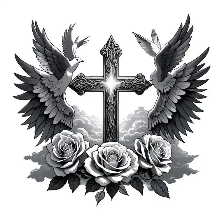 a cross with wings roses doves clouds surrounding and sunlight  tattoo design idea