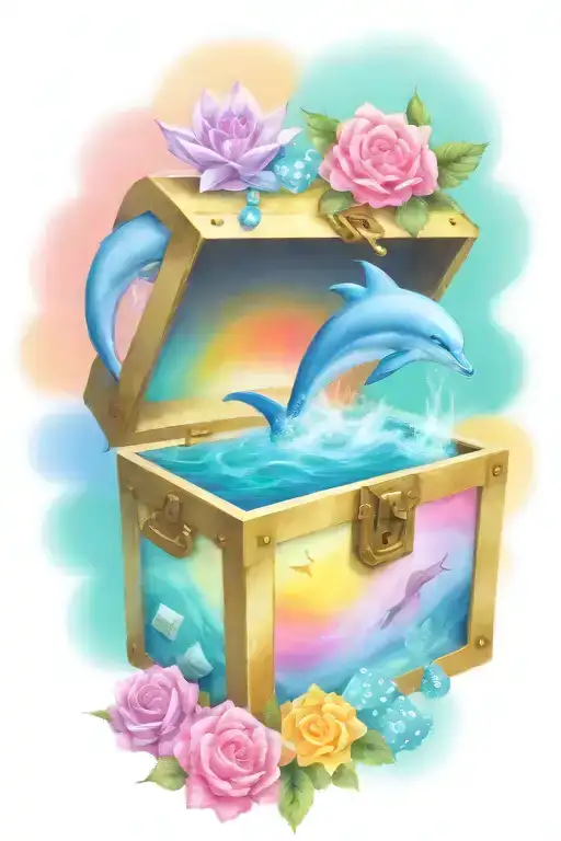 treasure chest smoking with ideas: Dolphins, D&D dice, paint palette tattoo design idea
