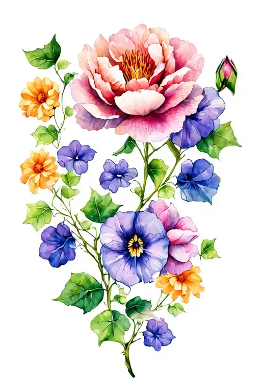 english ivy vine with the flowers Violet,sakura,marigold,lily bud,peony,morning glory,cosmo wrapped around the arm tattoo design idea