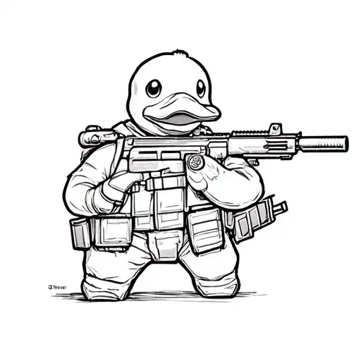a simple rubber duck in tactical plate carrier, a svd sniper rifle with a silencer, and a peice of candy on wing tattoo design idea