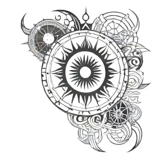 A Black Sun with an Ouroboros in the center, surrounded by alchemical and arcane symbols of the Thoth Tarot, fused tattoo design idea