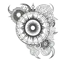 A Black Sun with an Ouroboros in the center, surrounded by alchemical and arcane symbols of the Thoth Tarot, fused tattoo design idea