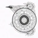 A Black Sun with an Ouroboros in the center, surrounded by alchemical and arcane symbols of the Thoth Tarot, fused tattoo design idea
