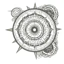 A Black Sun with an Ouroboros in the center, surrounded by alchemical and arcane symbols of the Thoth Tarot, fused tattoo design idea