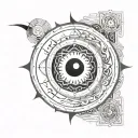 A Black Sun with an Ouroboros in the center, surrounded by alchemical and arcane symbols of the Thoth Tarot, fused tattoo design idea
