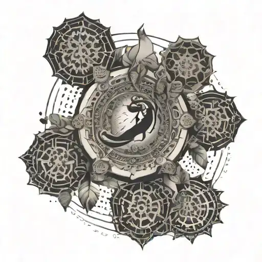 A mandala design incorporating symbols of spirituality and travel, with a hidden Muay Thai element tattoo design idea