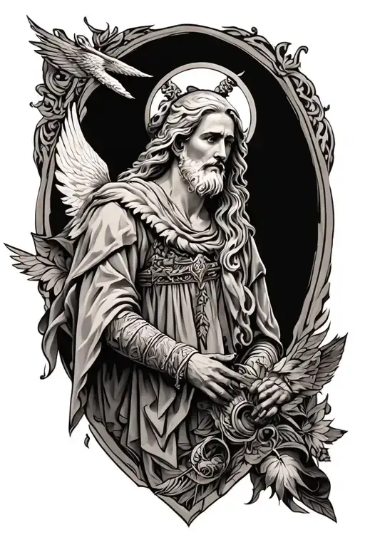 st uriel with background black and white tattoo design idea