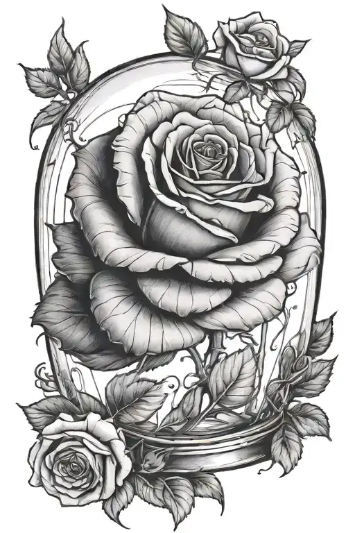 rose in glass dome, beauty and the beast  tattoo design idea