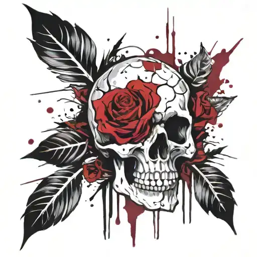 Skull And Roses Black and Deep Wine Red, funeral, fúnebre  tattoo design idea