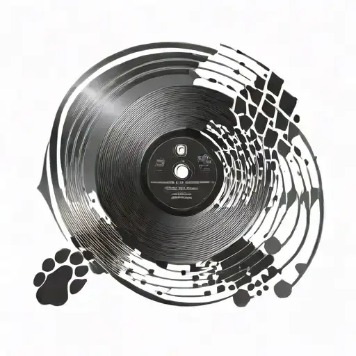 A vinyl record with a dog's paw print in the center, surrounded by a geometric pattern inspired by music waveforms tattoo design idea