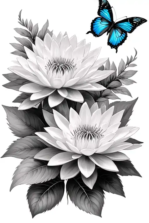 hydrangeas, water lily's , and godart morpho butterflys tattoo design idea