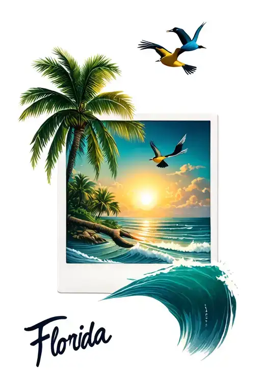 "Florida" Polaroid pics, palm trees, waves, birds flying and sun mid day tattoo design idea