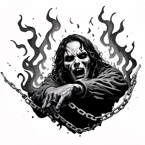 burning person breaking free of chains tattoo design idea