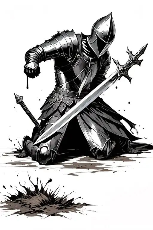 knight in plate armour kneeling with longsword sticking in ground, include a dripping effect  tattoo design idea