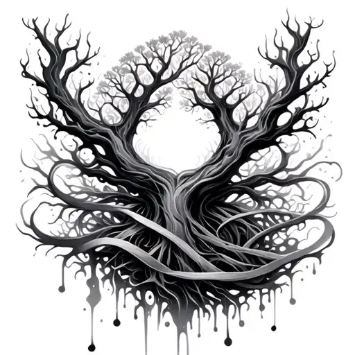 aurora ribbons flowing, transculent music soundwaves combined with melting vortex , dna, life tree meaning diamond tattoo design idea