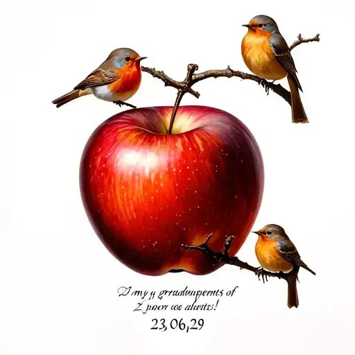 an apple tree with 2 robin birds around it and underneath the apple tree the death dates of my 2 grandparents. 23/05/29 tattoo design idea