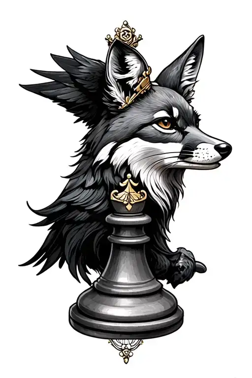 Queen chess piece incorporating a fox and a raven tattoo design idea