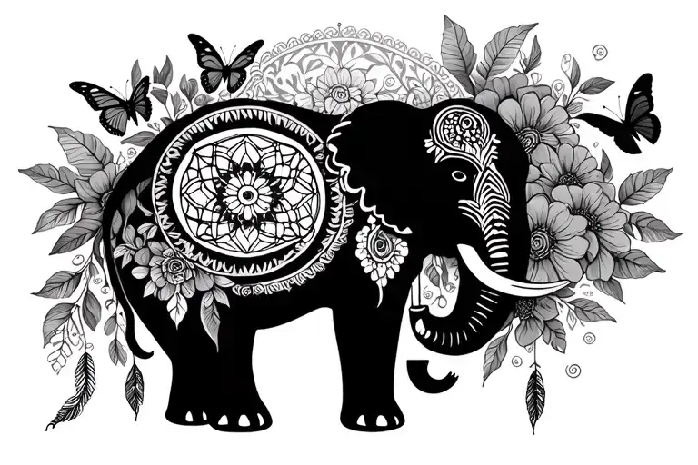 Elephant blooming flowers and butterflies with dream catcher entangled tattoo design idea