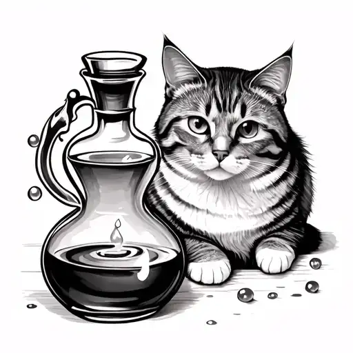 magic potion next to a cat curled tattoo design idea