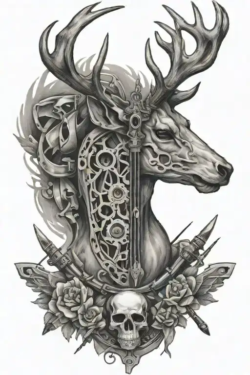 deer skull , diesel mechanic, compound bow and arrow tattoo design idea