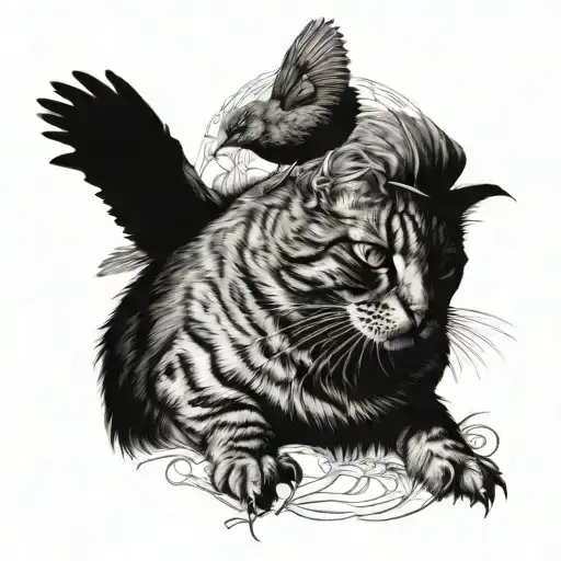 cat and blackbird  composition tattoo design idea