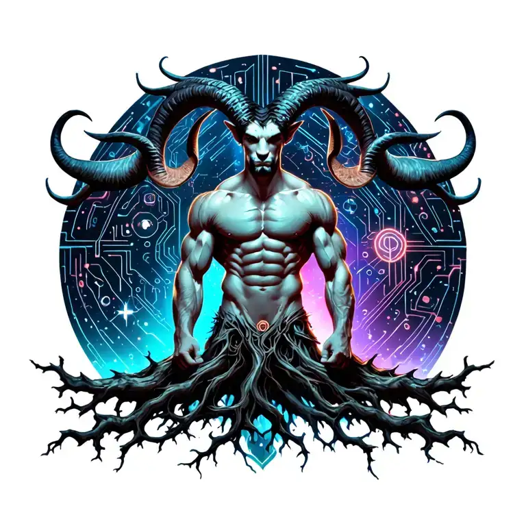 sexy gay male horned satyr with massive bodybuilder muscles flex. cyber tree roots, wild animals and constellations tattoo design idea