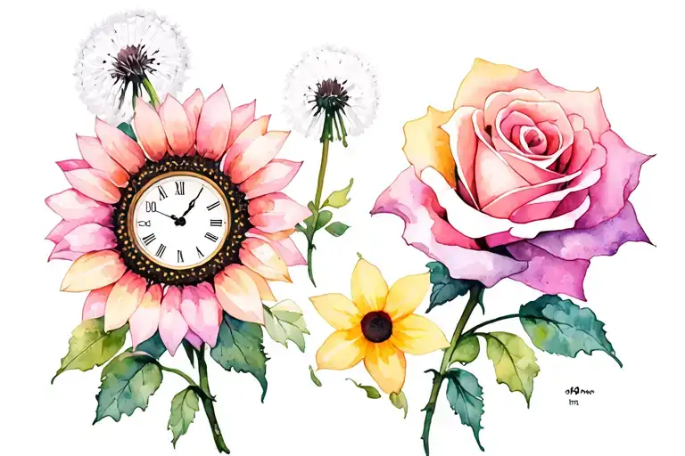 sunflower, rose daffodil and clock dandelion tattoo design idea